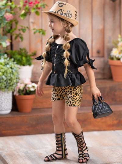 Girls Spring Outfits | Black Smocked Top & Leopard Print Shorts Set