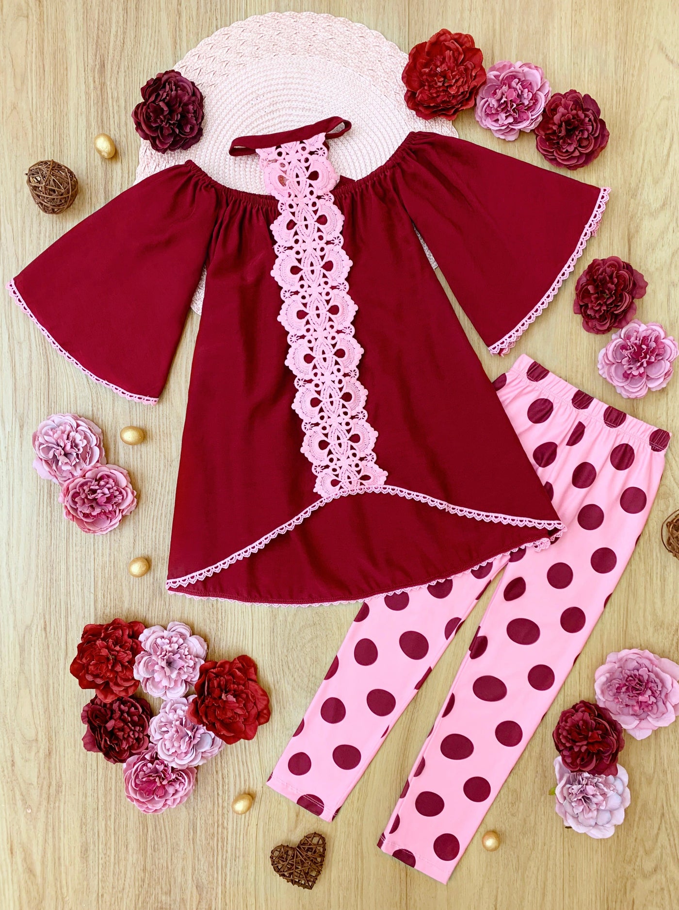 Girls Spring Outfits | Polka Dot Lace Halter Neck Tunic & Legging Set