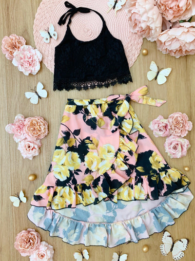 Kids Spring Clothes | Girls Crochet Halter Top & Floral Wrap Skirt Set