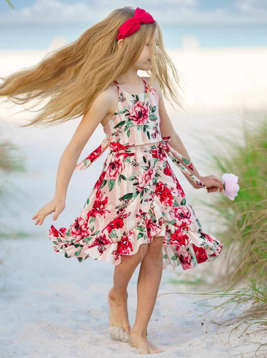 Kids Spring Clothes | Girls Floral Halter Top & Hi Lo Wrap Skirt Set