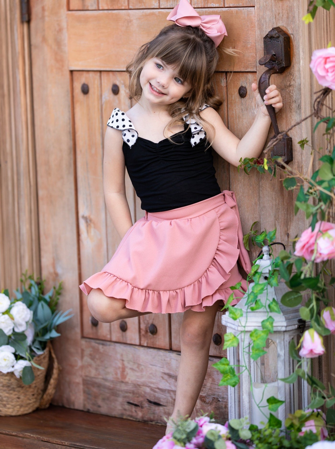 Kids Spring Outift | Girls Polka Dot Strap Top & Ruffle Wrap Skirt Set