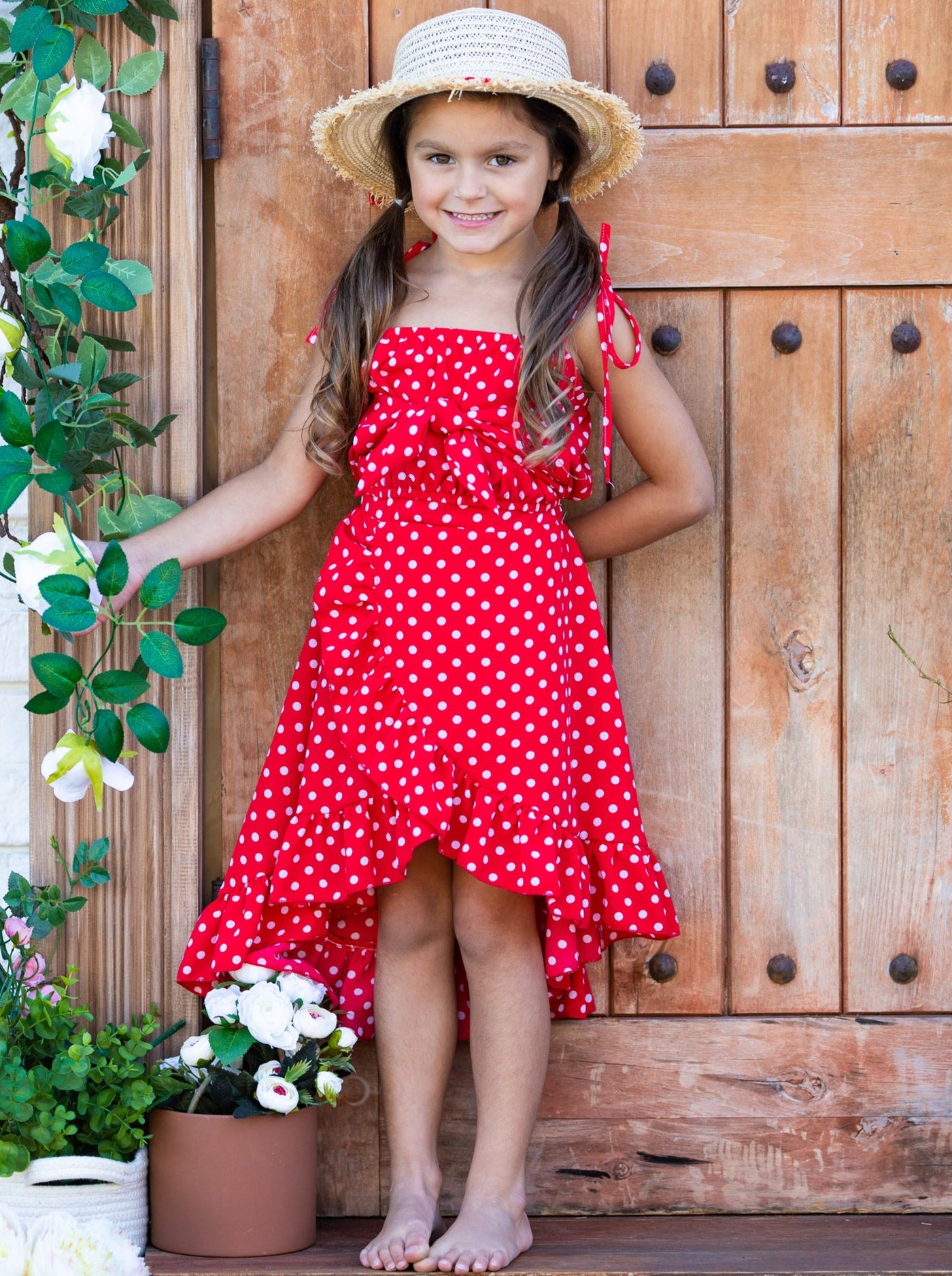 Girls Sweet Little Dot Bow Tie Crop Top and Hi Lo Wrap Skirt Set