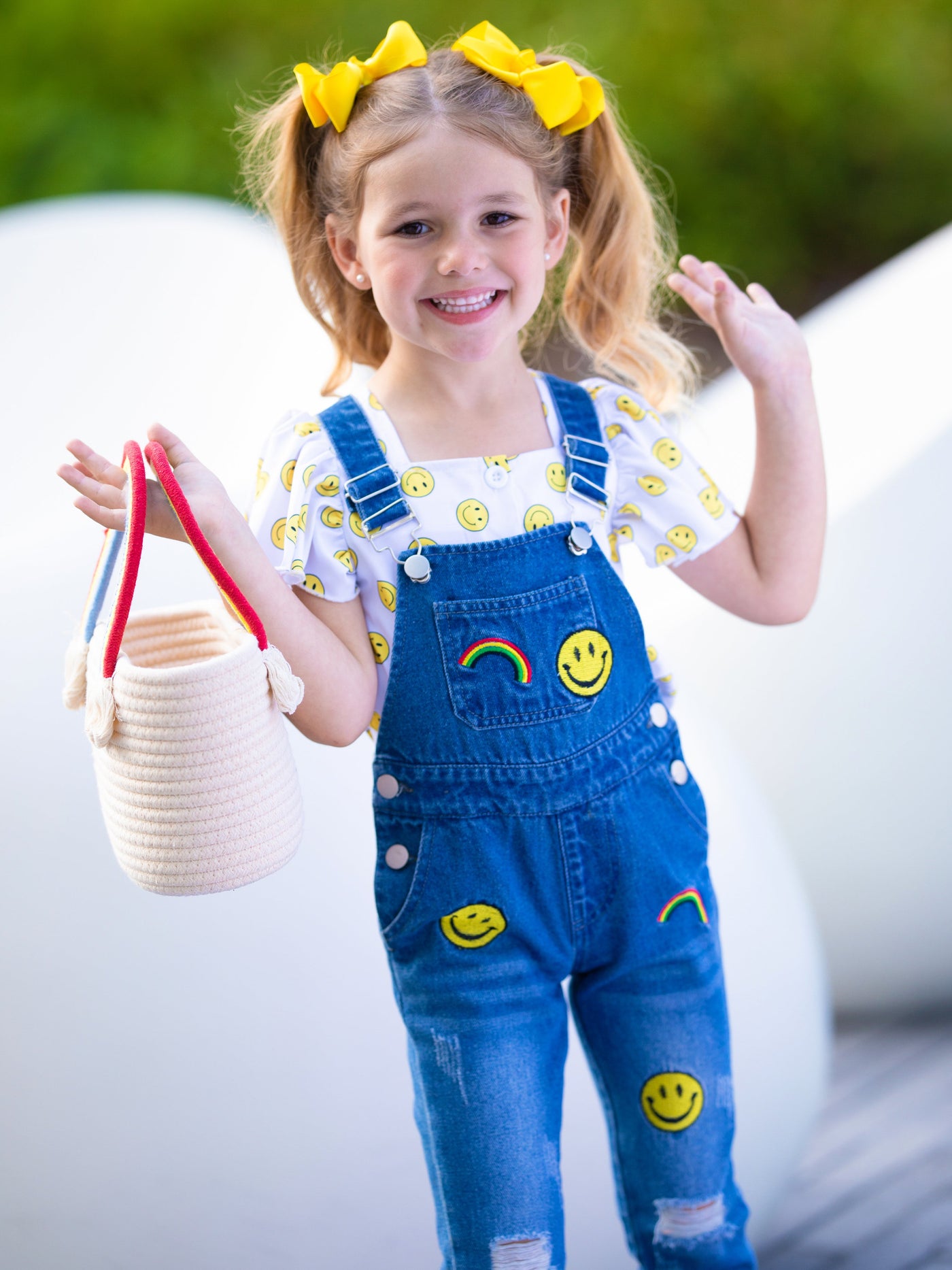 Toddler Casual Set | Girls Smiles & Rainbows Top & Denim Overall Set