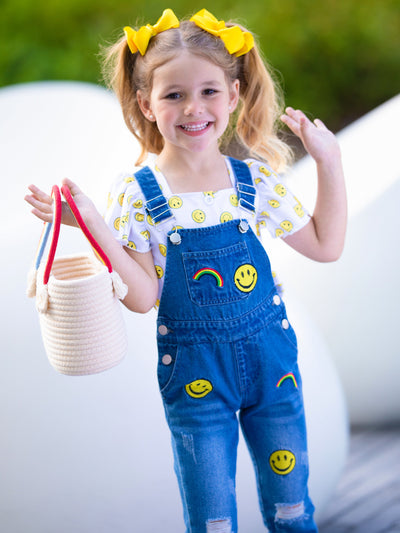 Toddler Casual Set | Girls Smiles & Rainbows Top & Denim Overall Set