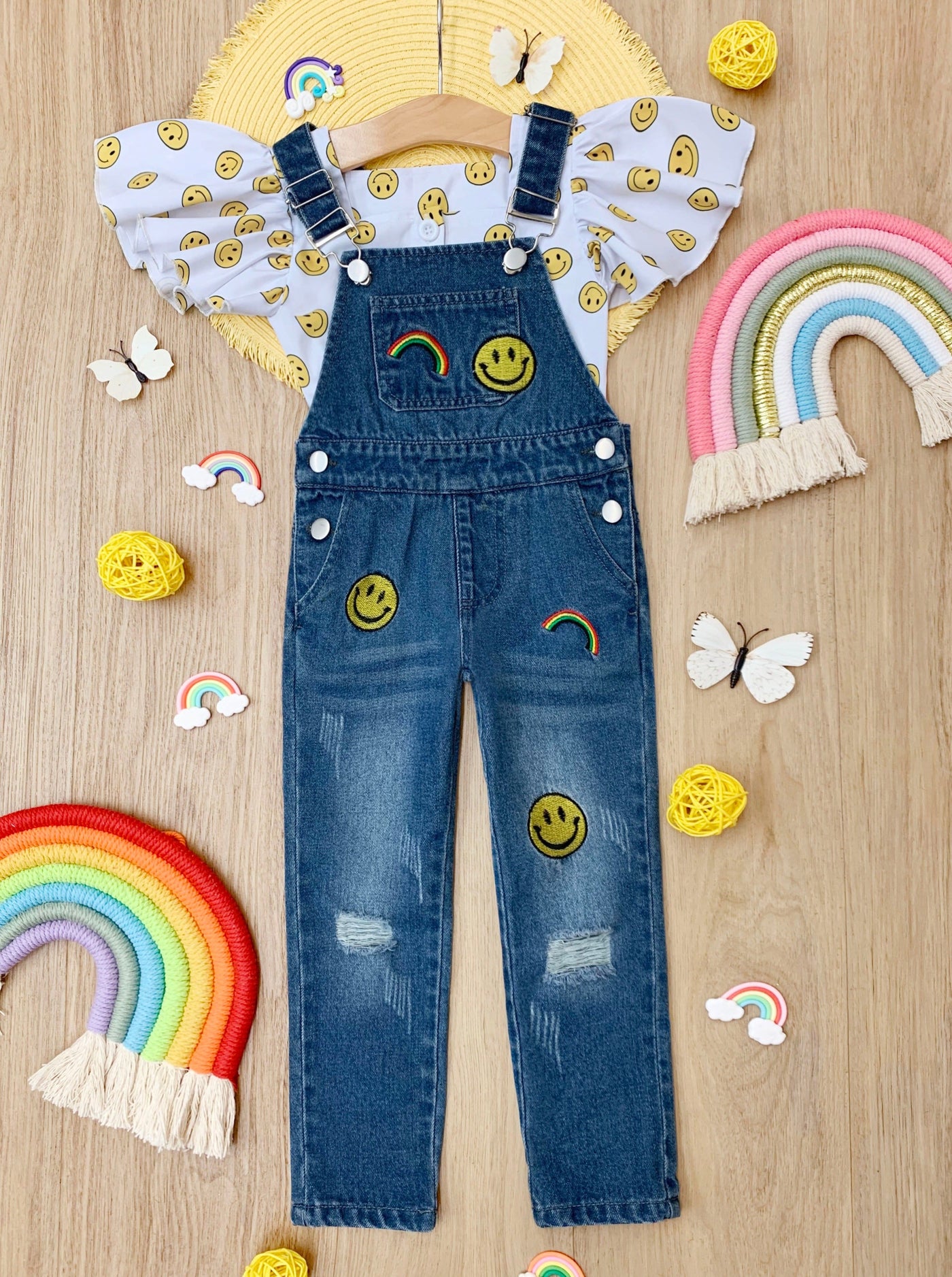 Toddler Casual Set | Girls Smiles & Rainbows Top & Denim Overall Set