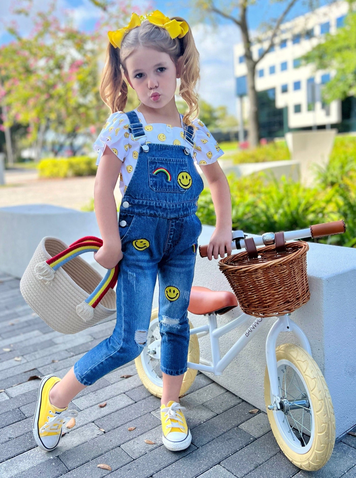 Toddler Casual Set | Girls Smiles & Rainbows Top & Denim Overall Set