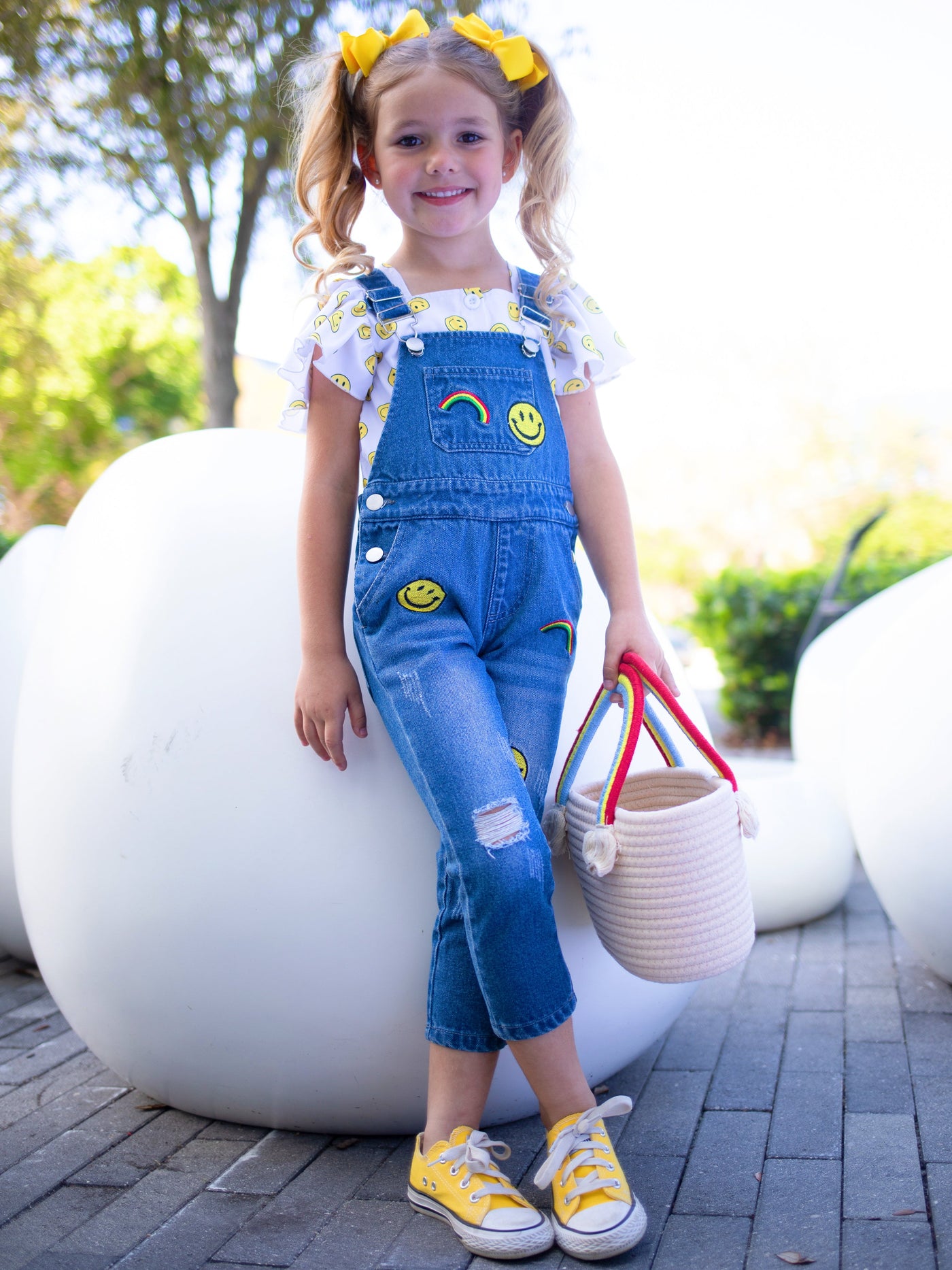 Toddler Casual Set | Girls Smiles & Rainbows Top & Denim Overall Set