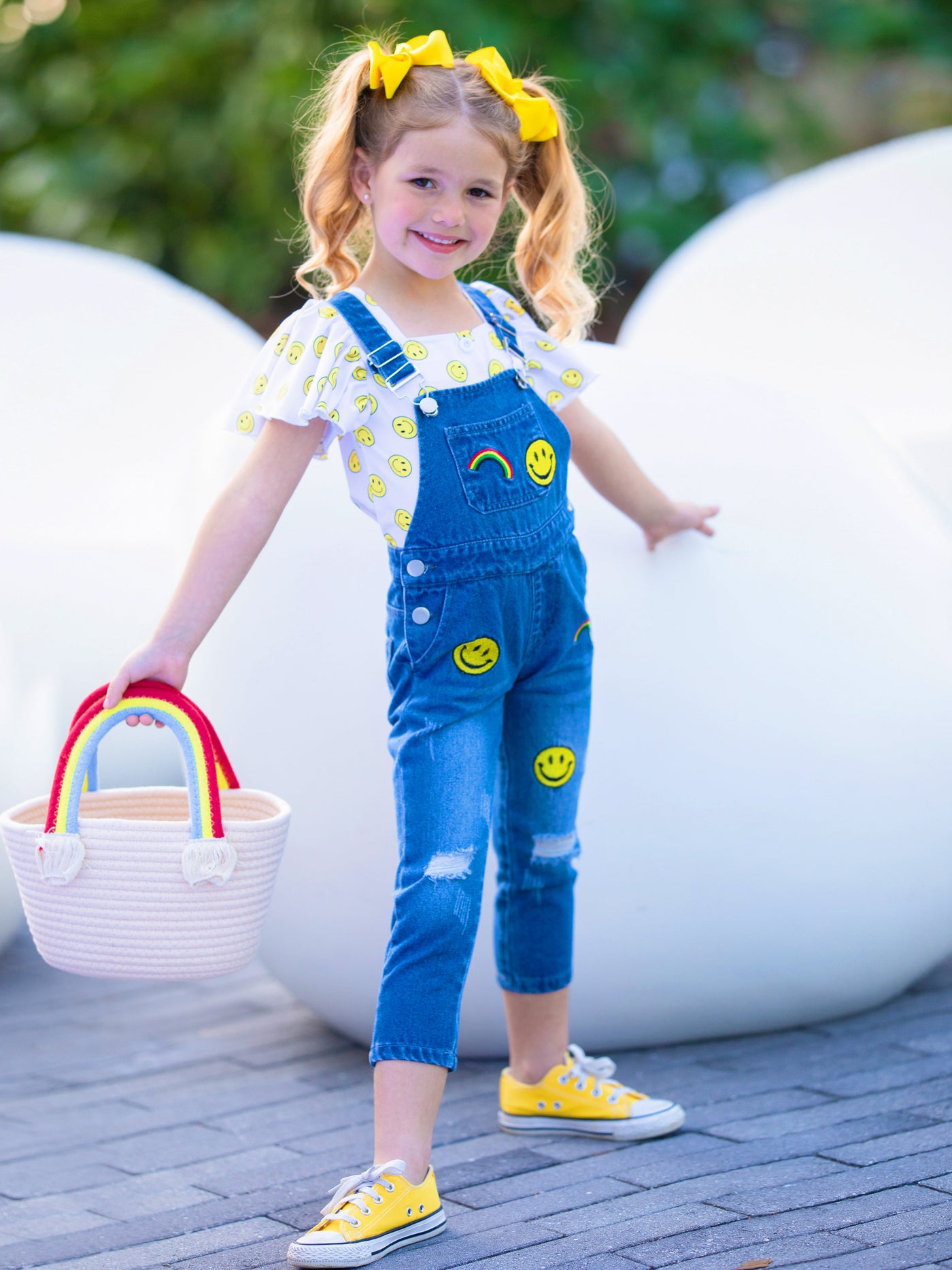 Toddler Casual Set | Girls Smiles & Rainbows Top & Denim Overall Set
