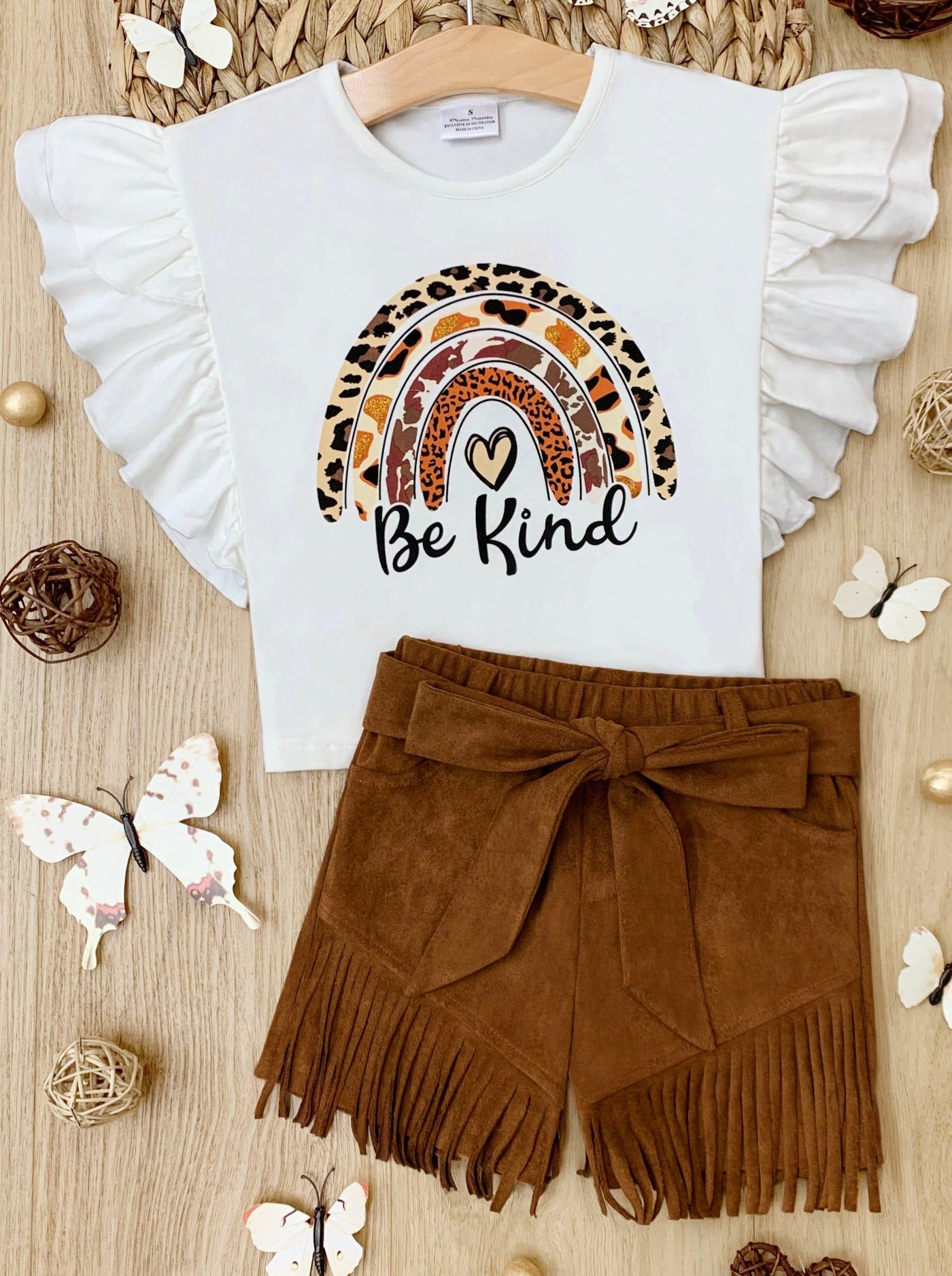 Toddler Spring Outfits | Girls "Be Kind" Top & Suede Fringe Shorts Set