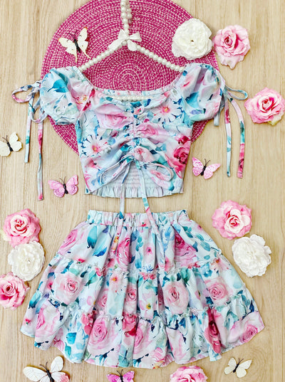 Toddler Spring Outfits | Girls Cap Sleeve Floral Top & Skirt Set 