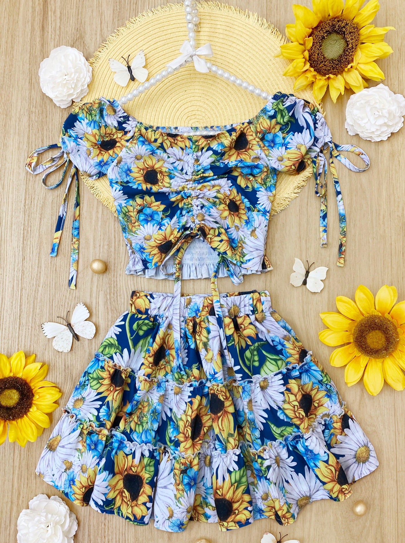 Toddler Spring Outfits | Girls Cap Sleeve Sunflower Top & Skirt Set 