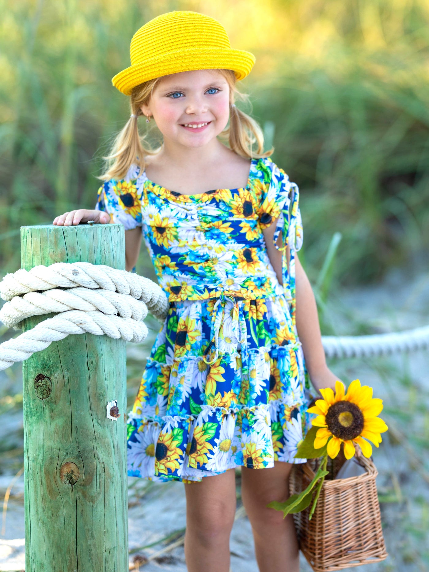 Toddler Spring Outfits | Girls Cap Sleeve Sunflower Top & Skirt Set 