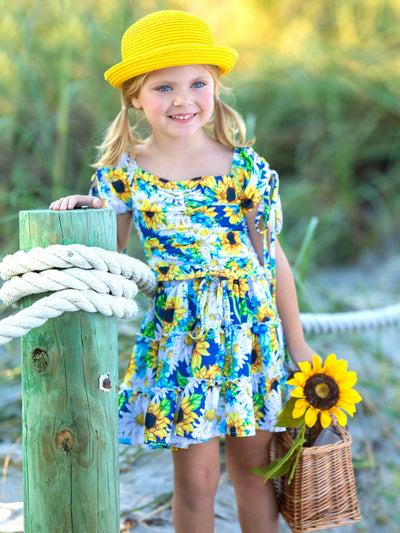 Toddler Spring Outfits | Girls Cap Sleeve Sunflower Top & Skirt Set 