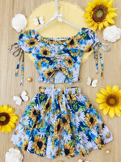 Toddler Spring Outfits | Girls Cap Sleeve Sunflower Top & Skirt Set 