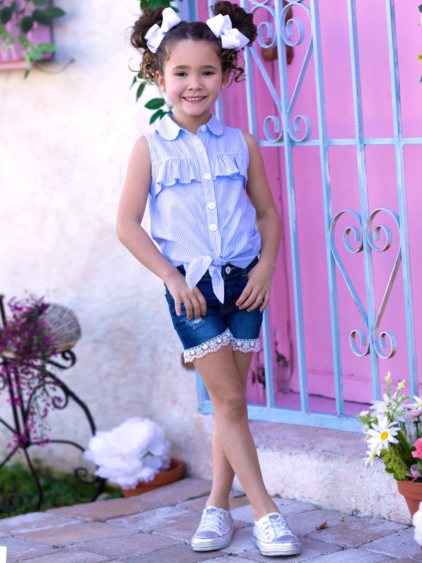 Toddler Spring Outfits | Girls Girl Blue Striped Top & Denim Shorts
