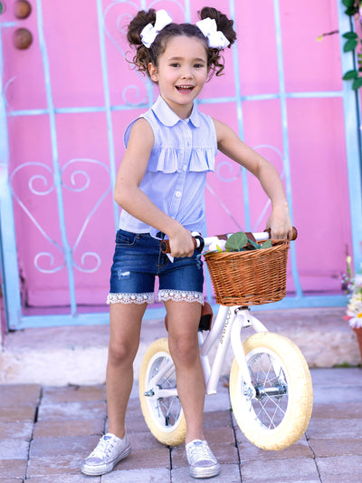 Toddler Spring Outfits | Girls Girl Blue Striped Top & Denim Shorts