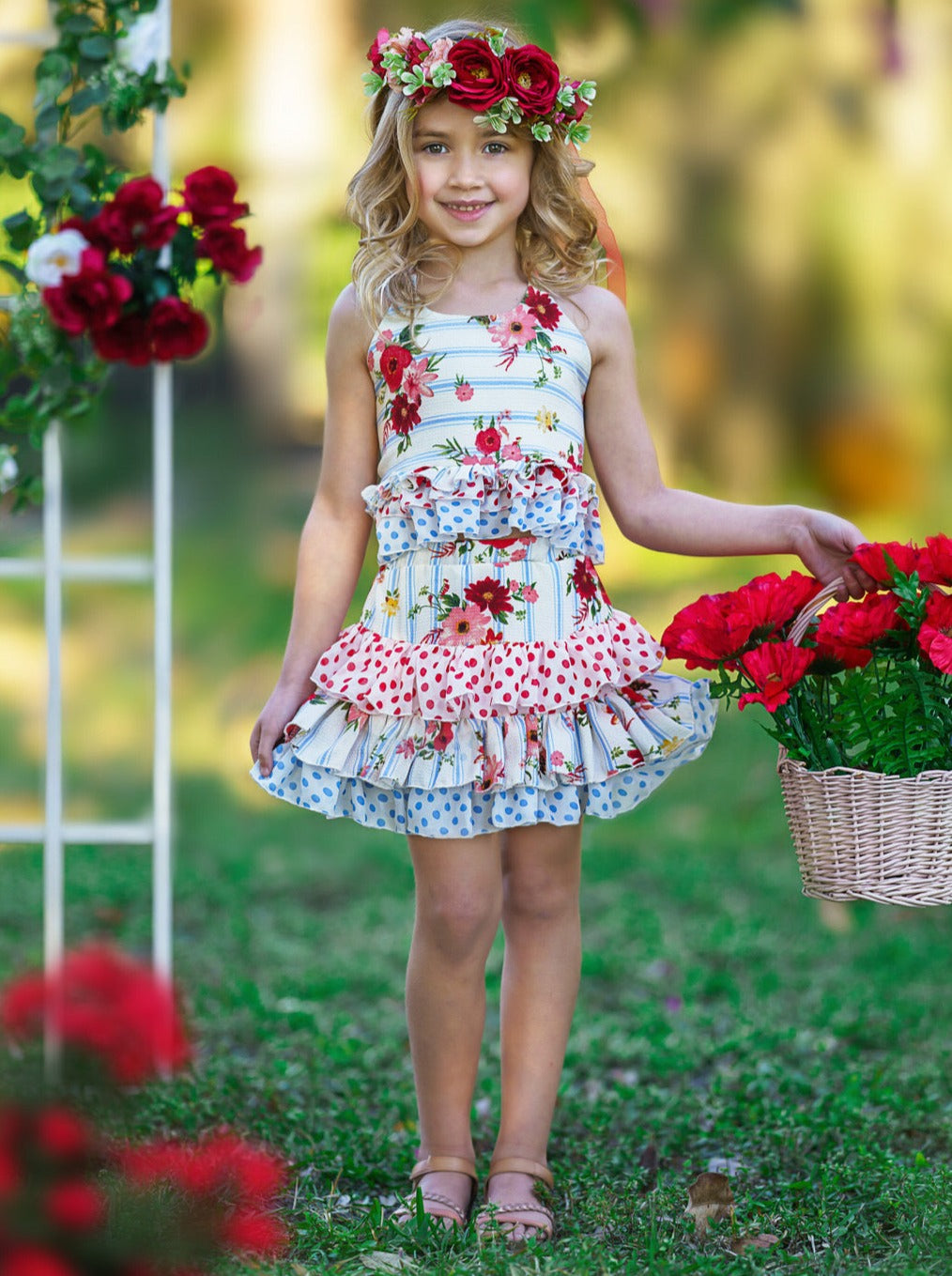 Cute Spring Dresses | Girls Stripe Floral Ruffled Halter Skirt Set