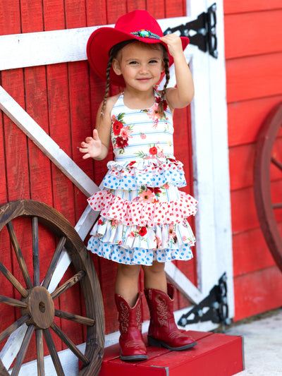 Cute Spring Dresses | Girls Stripe Floral Ruffled Halter Skirt Set