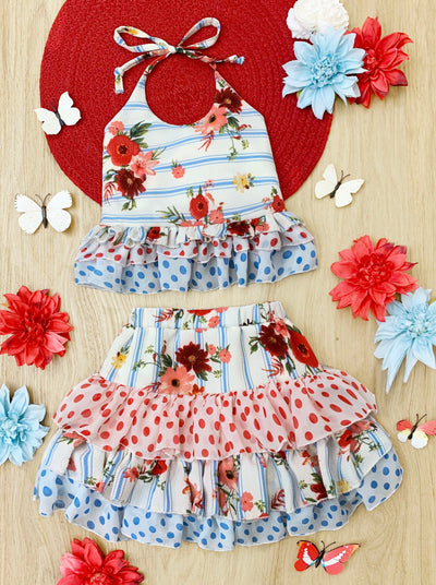 Cute Spring Dresses | Girls Stripe Floral Ruffled Halter Skirt Set