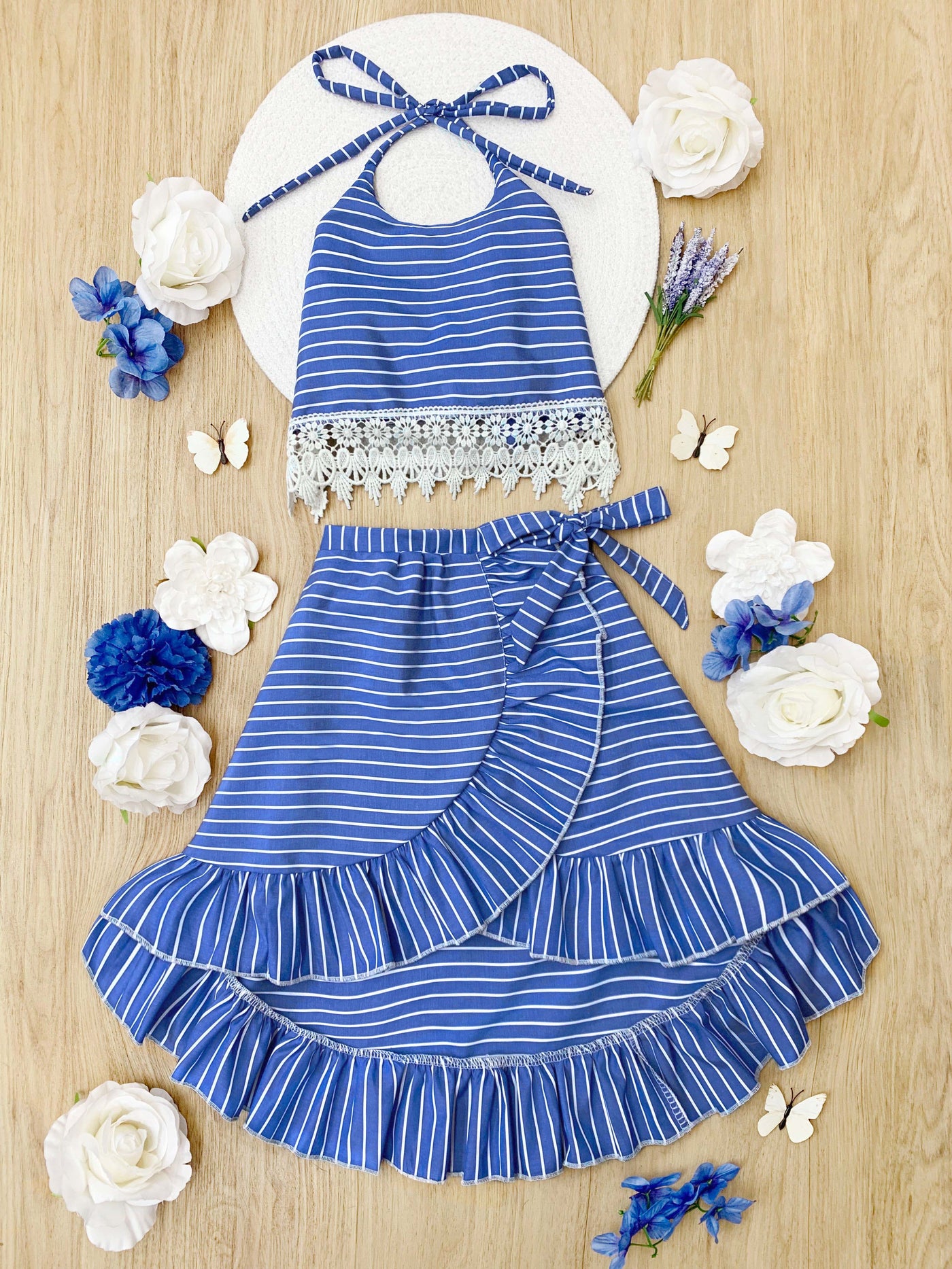 Girls Spring & Summer Sets | Blue Stripe Crochet Hem Top & Skirt Set