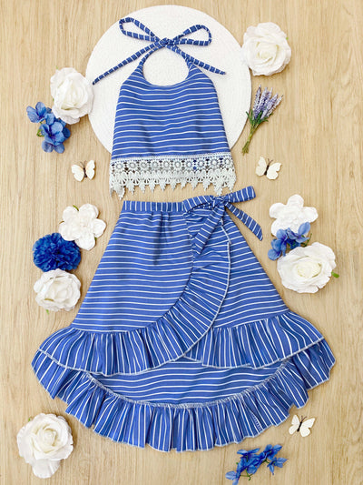 Girls Spring & Summer Sets | Blue Stripe Crochet Hem Top & Skirt Set