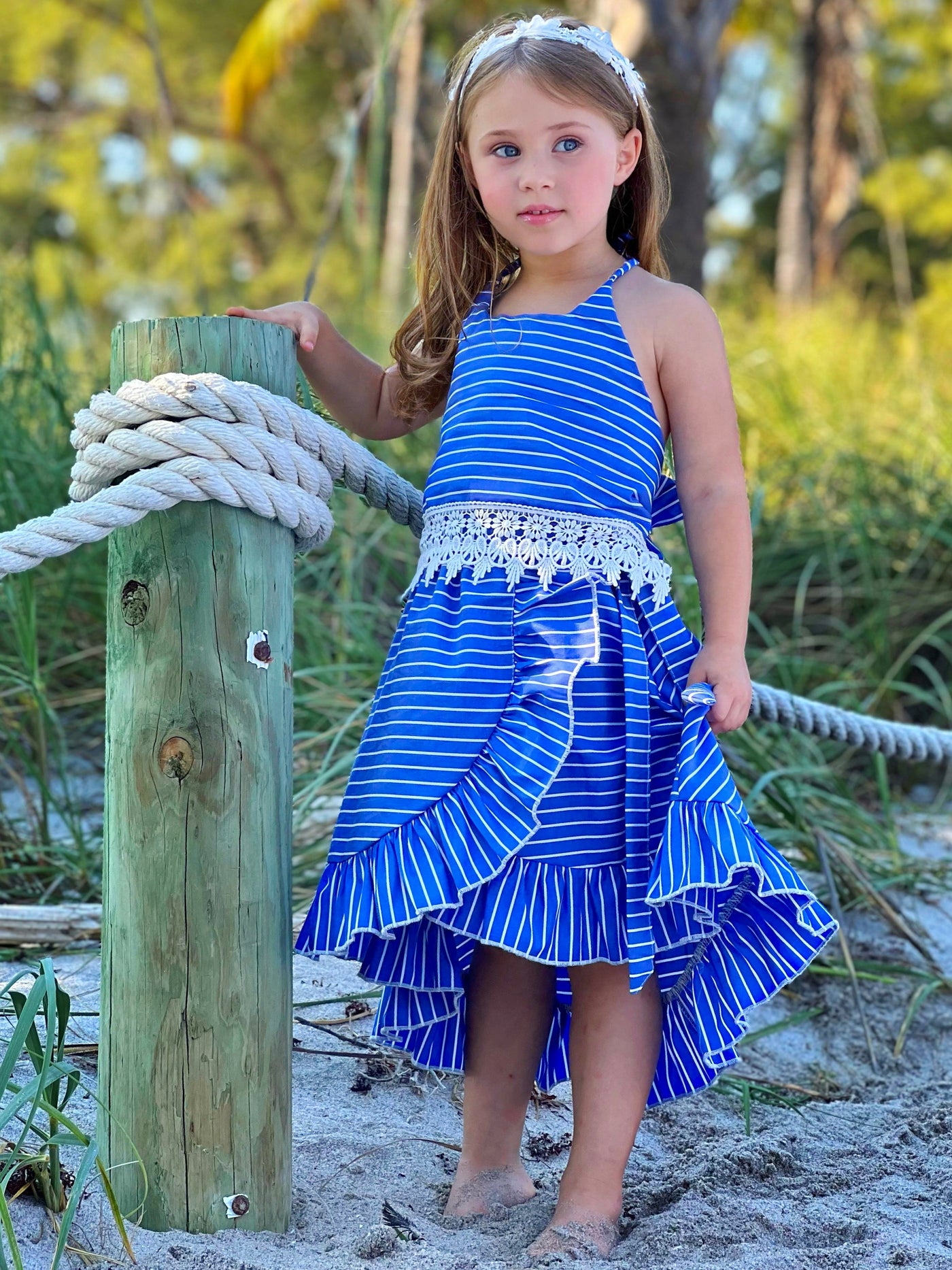 Girls Spring & Summer Sets | Blue Stripe Crochet Hem Top & Skirt Set