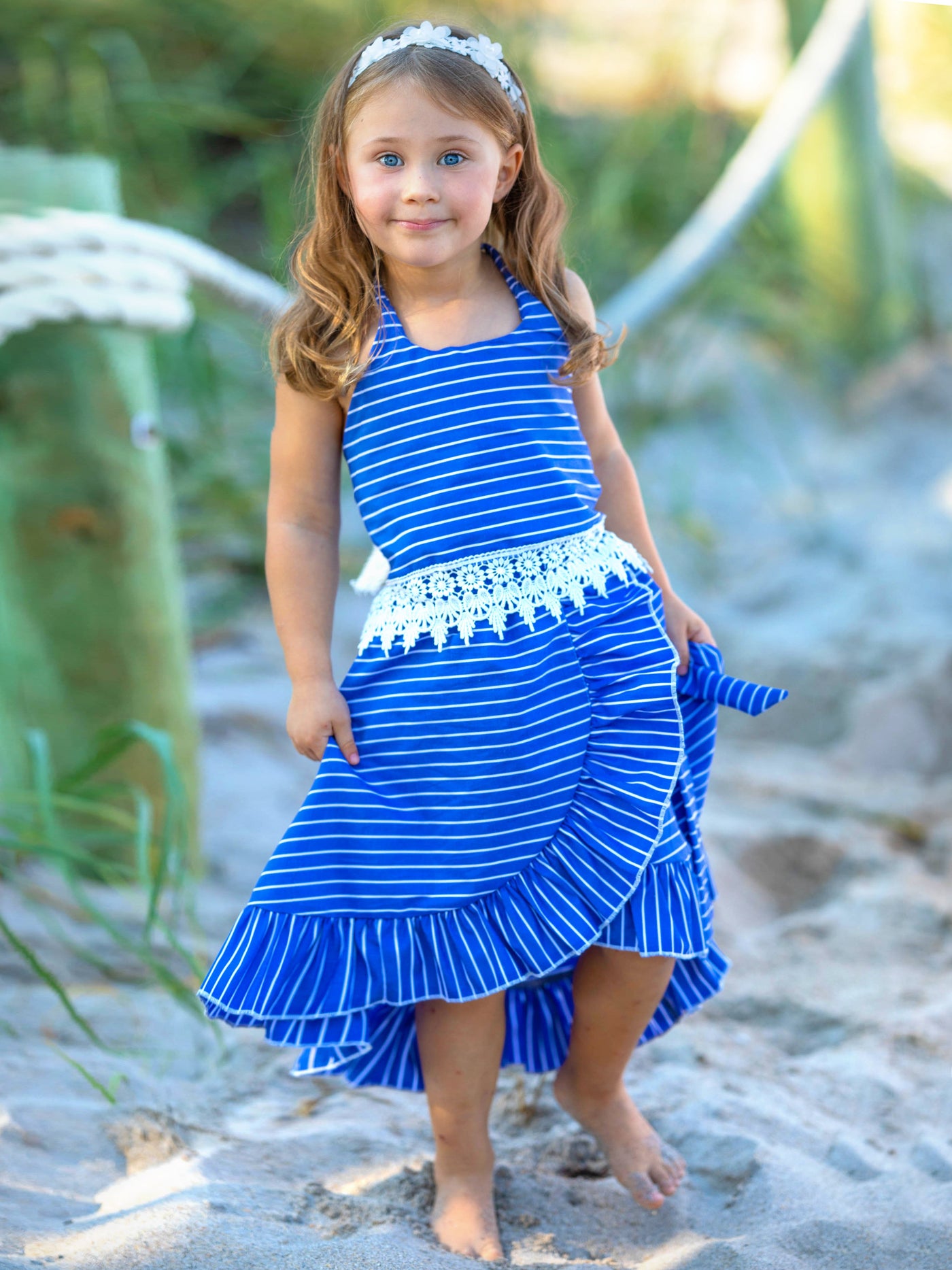 Girls Spring & Summer Sets | Blue Stripe Crochet Hem Top & Skirt Set