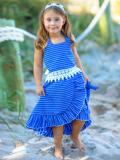 Girls Spring & Summer Sets | Blue Stripe Crochet Hem Top & Skirt Set