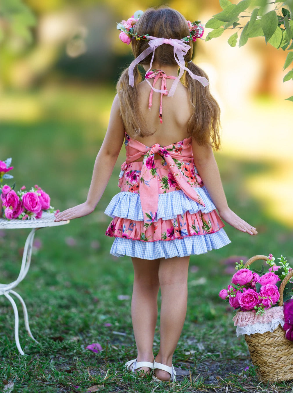Cute Spring Dresses | Girls Floral Plaid Ruffled Halter Skirt Set