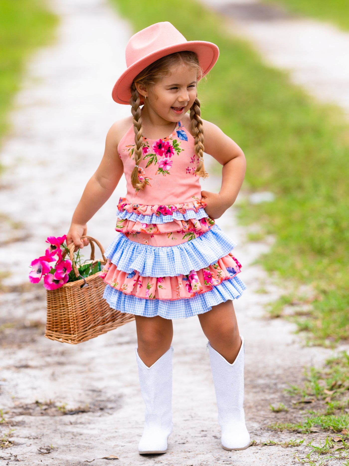 Cute Spring Dresses | Girls Floral Plaid Ruffled Halter Skirt Set