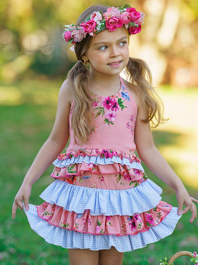 Cute Spring Dresses | Girls Floral Plaid Ruffled Halter Skirt Set