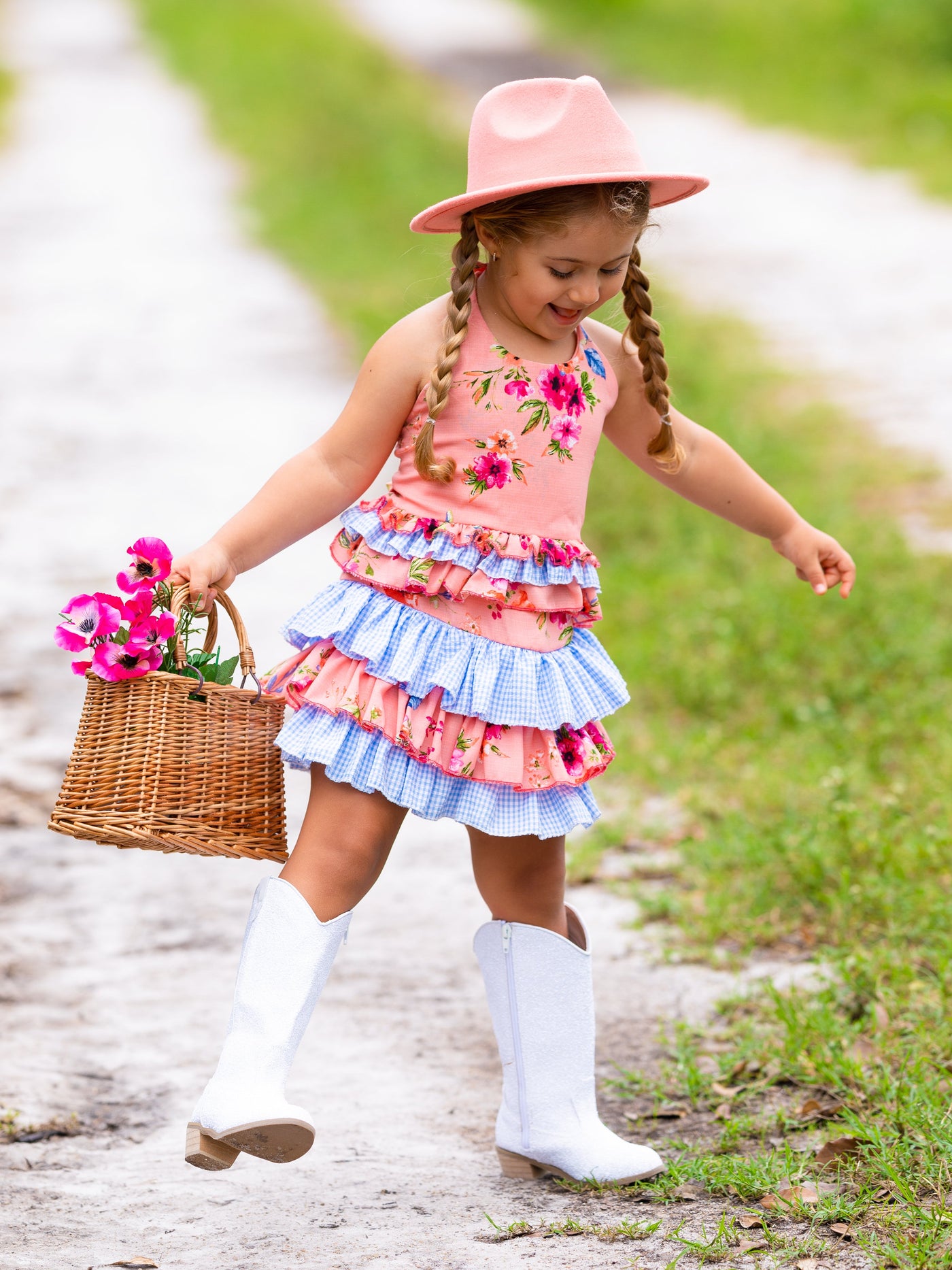 Cute Spring Dresses | Girls Floral Plaid Ruffled Halter Skirt Set