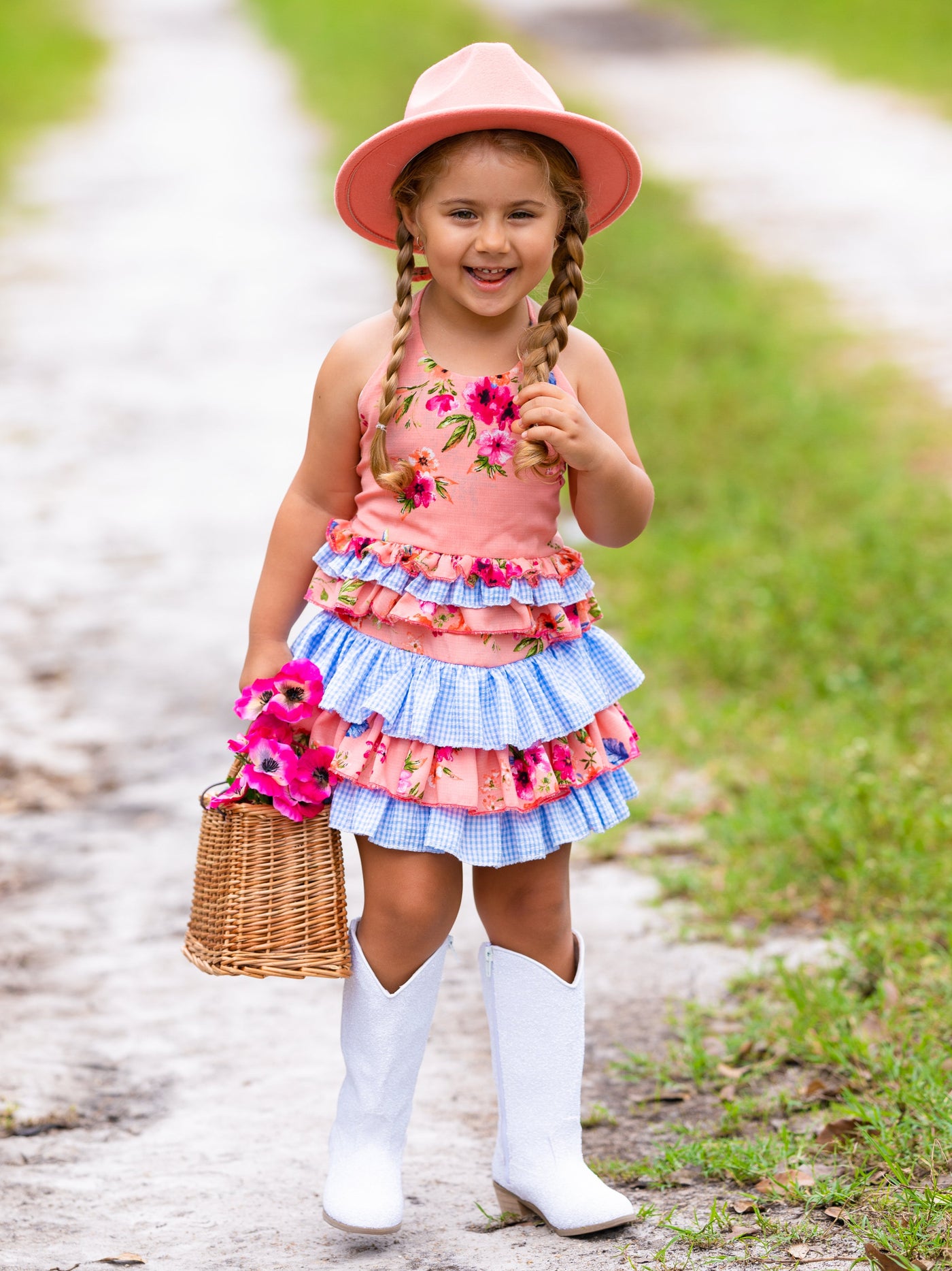 Cute Spring Dresses | Girls Floral Plaid Ruffled Halter Skirt Set