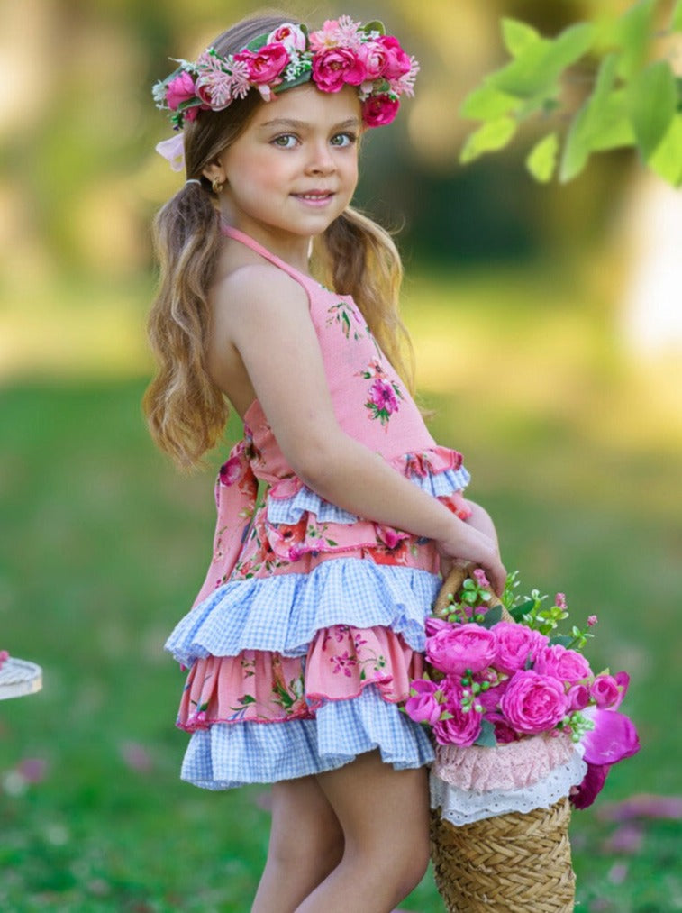 Cute Spring Dresses | Girls Floral Plaid Ruffled Halter Skirt Set