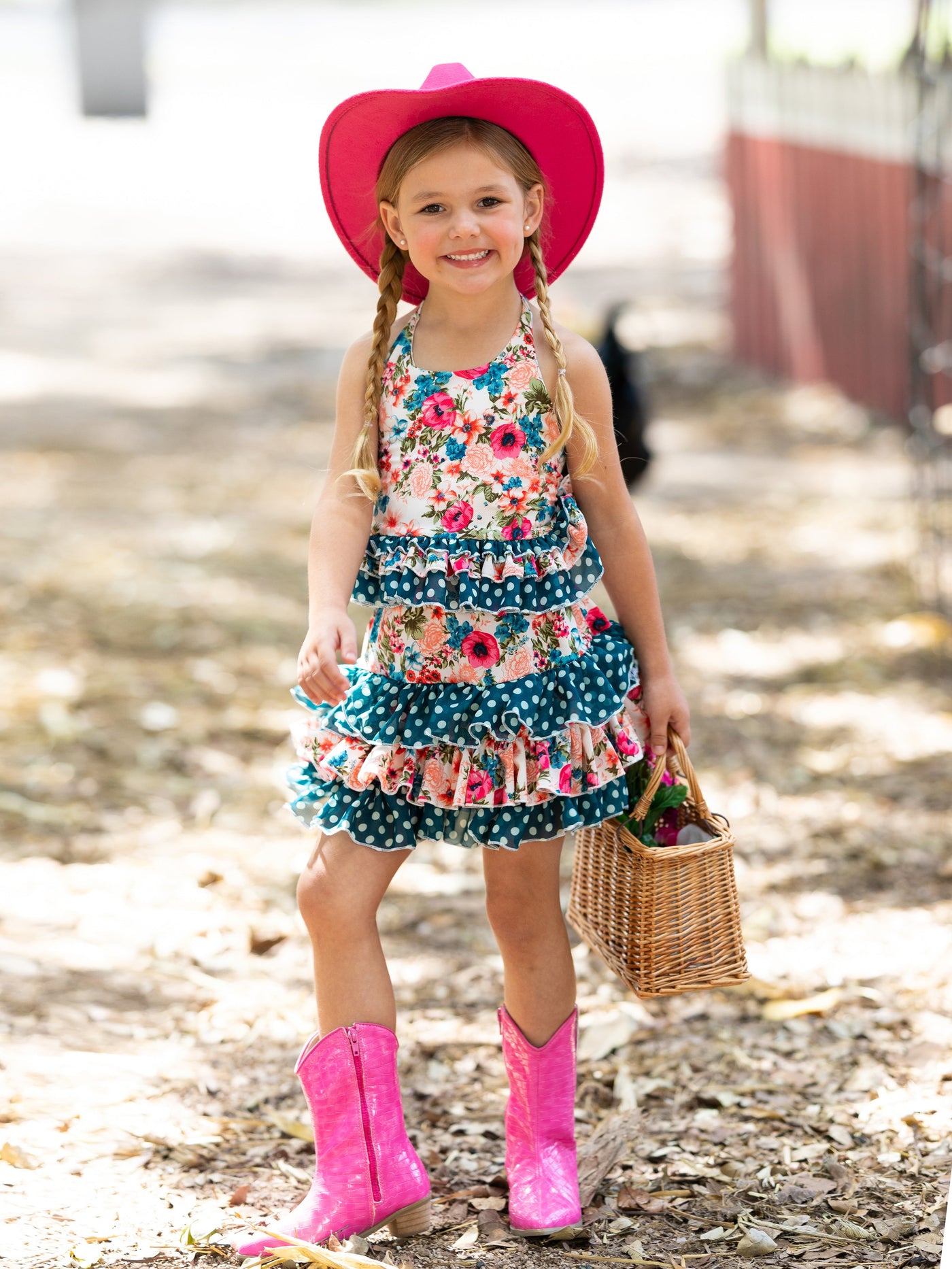 Cute Spring Dresses | Girls Floral Polka Dot Ruffled Halter Skirt Set