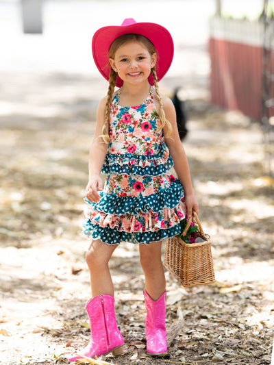 Cute Spring Dresses | Girls Floral Polka Dot Ruffled Halter Skirt Set