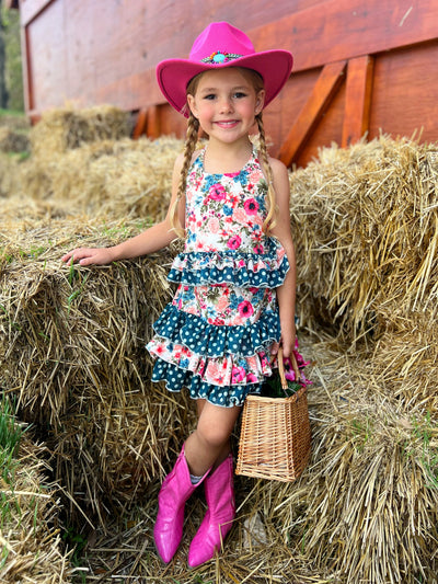 Cute Spring Dresses | Girls Floral Polka Dot Ruffled Halter Skirt Set