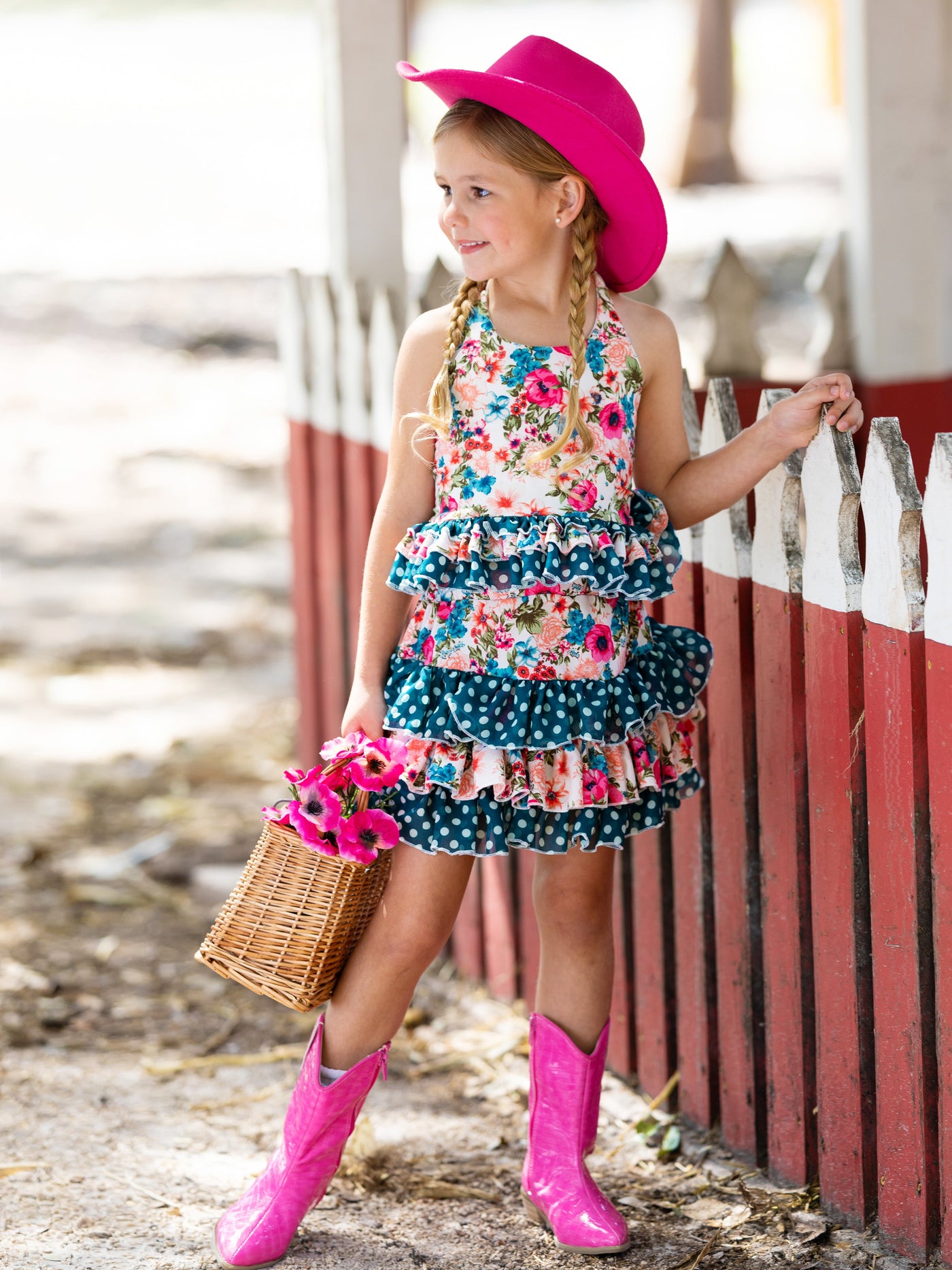 Cute Spring Dresses | Girls Floral Polka Dot Ruffled Halter Skirt Set