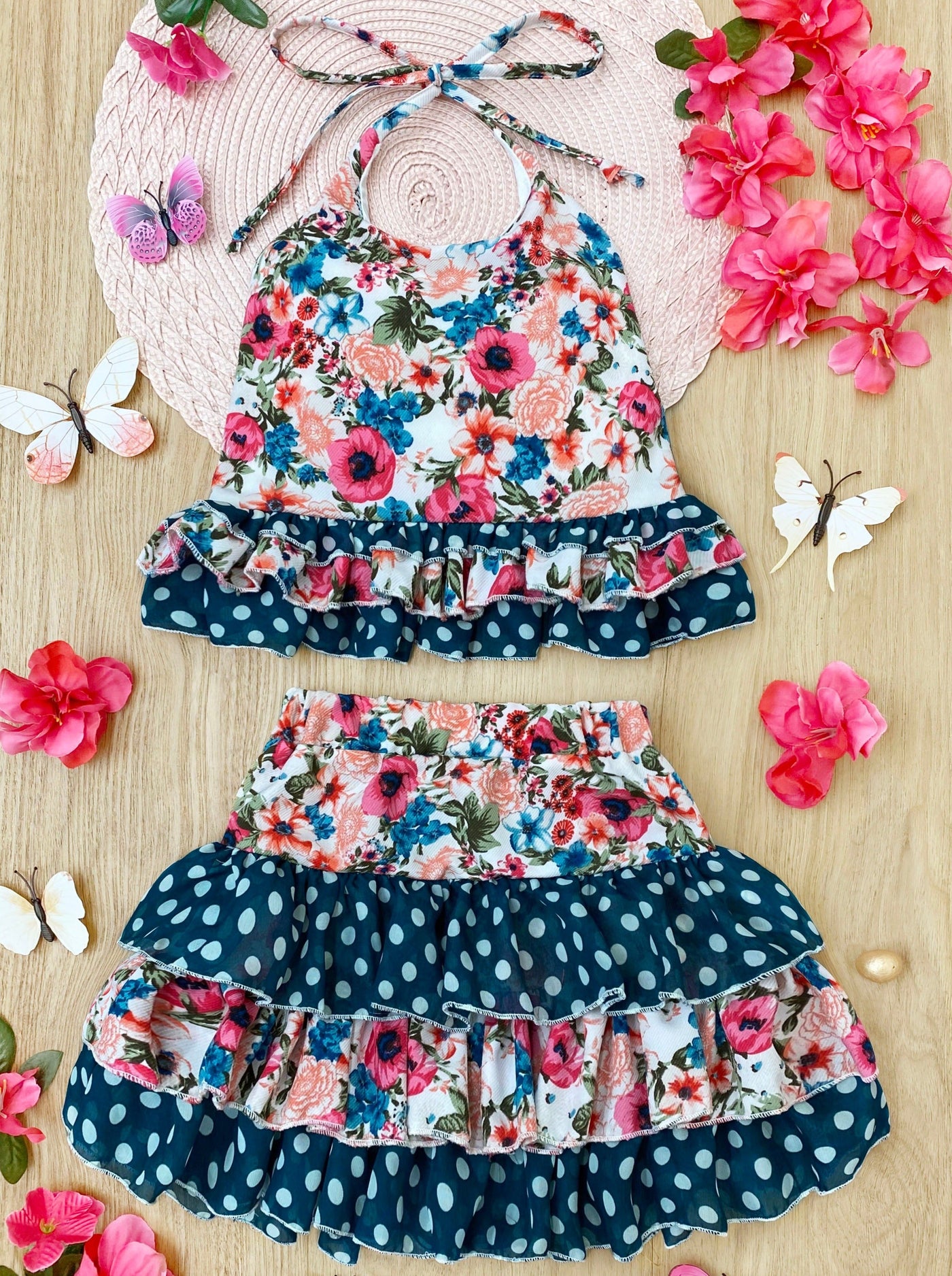 Cute Spring Dresses | Girls Floral Polka Dot Ruffled Halter Skirt Set