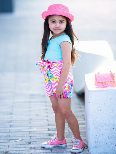 Toddler Spring Outfits | Girls Top & Floral Paperbag Belted Shorts Set