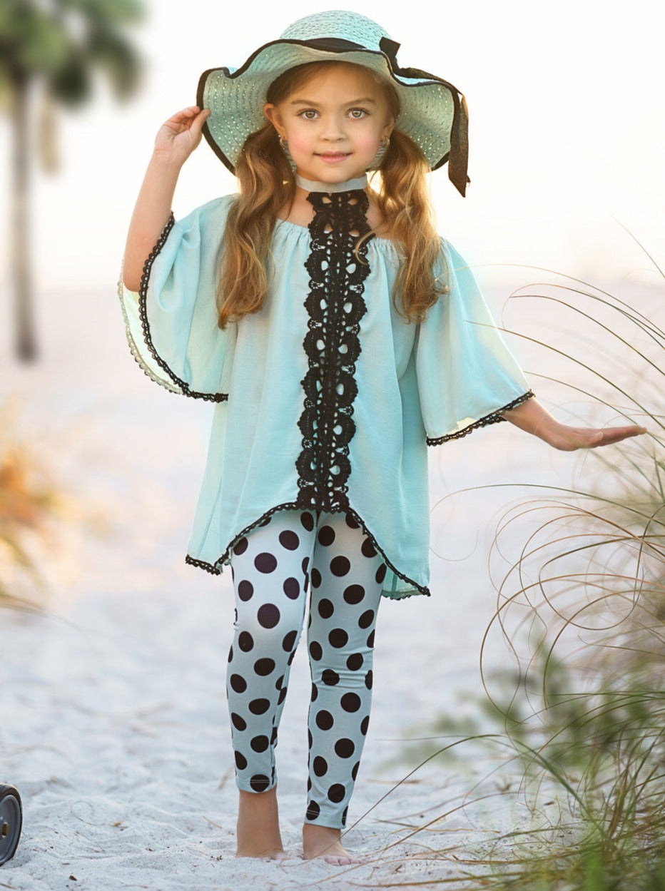 Toddler Spring Outfit | Mint Lace Accent Tunic & Polka Dot Legging Set