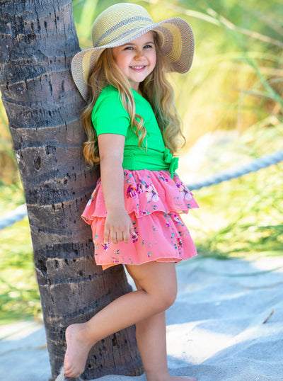 Cute Spring Outfits | Girls Ribbed Wrap Top & Tiered Ruffle Skirt Set
