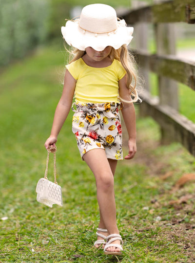 Kids Spring Sets | Girls Shimmer Ribbed Top & Paperbag Belted Shorts