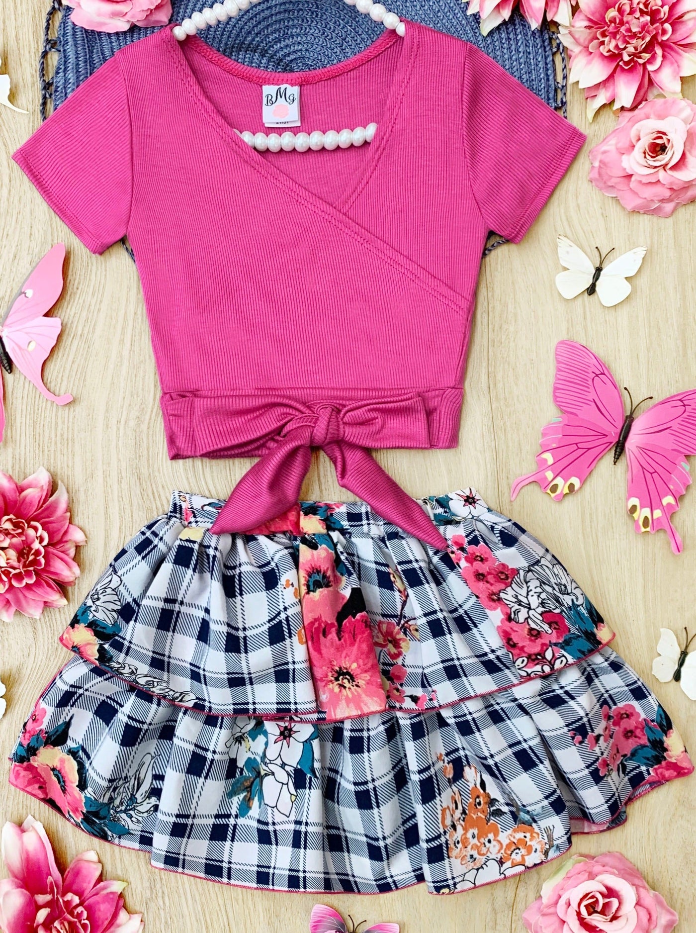Cute Spring Outfits | Girls Ribbed Wrap Top & Tiered Ruffle Skirt Set