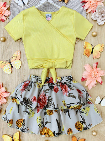 Kids Spring Sets | Girls Shimmer Ribbed Top & Tiered Ruffle Skirt Set