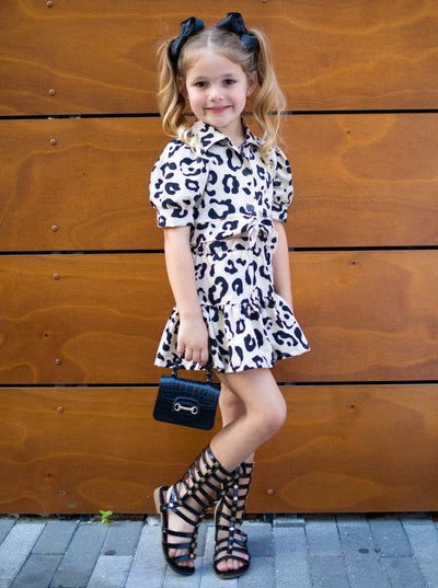 Cute Spring Outfits | Girls Leopard Knot Hem Top & Ruffle Skirt Set