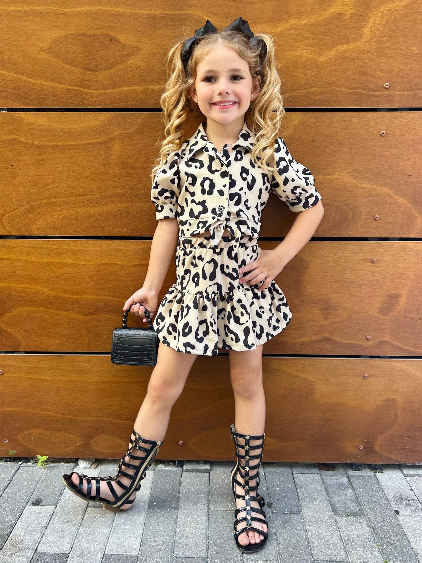 Cute Spring Outfits | Girls Leopard Knot Hem Top & Ruffle Skirt Set
