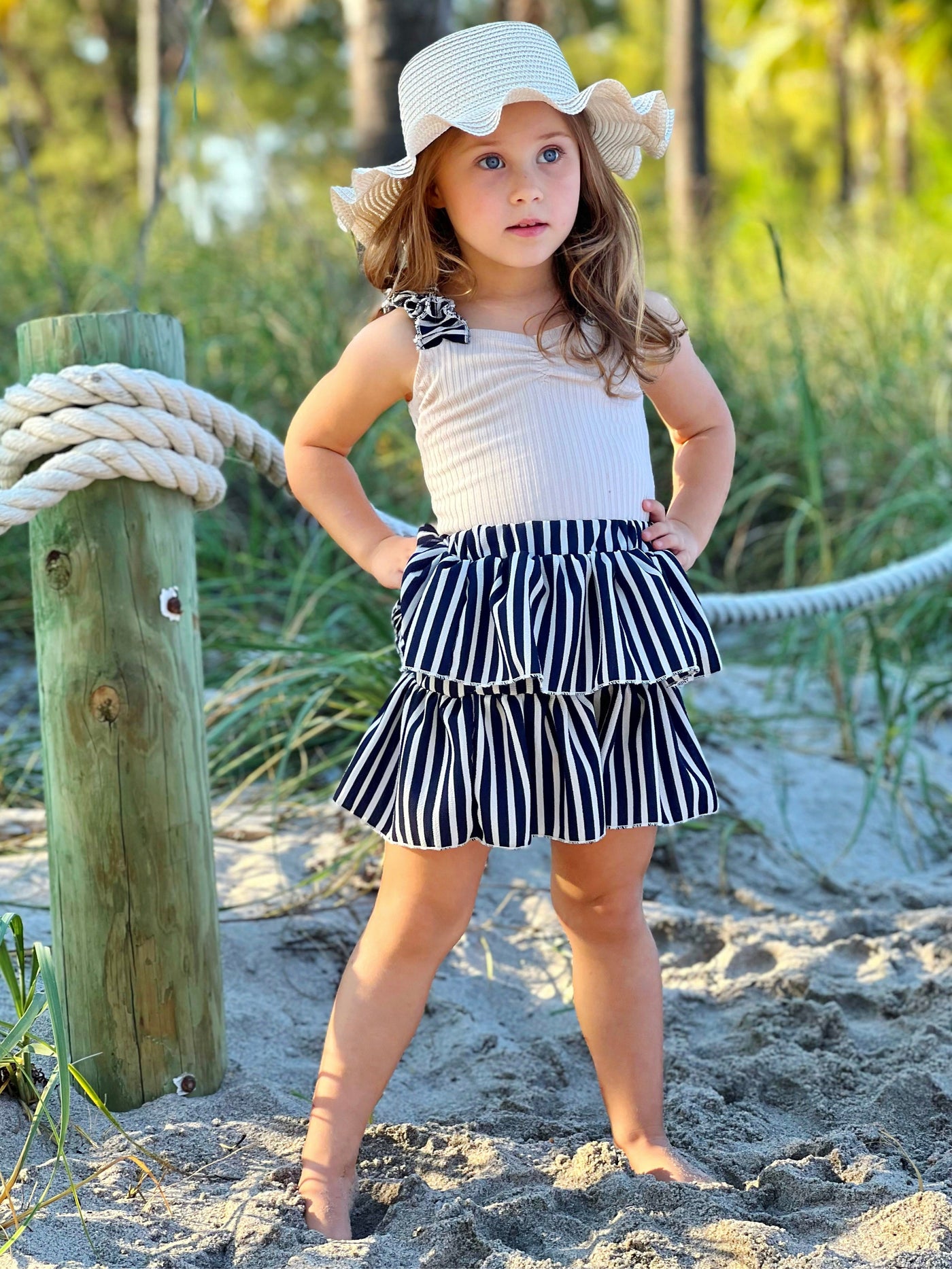 Toddler Spring Outfits | Girls Striped Ribbed Top & Tiered Skirt Set 