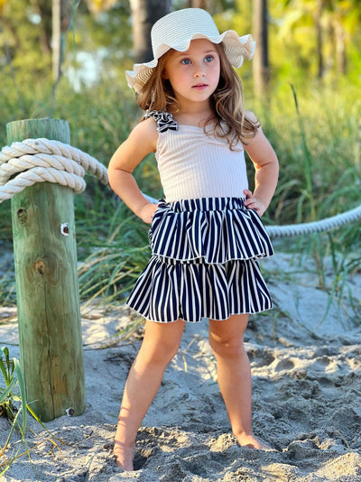 Toddler Spring Outfits | Girls Striped Ribbed Top & Tiered Skirt Set 