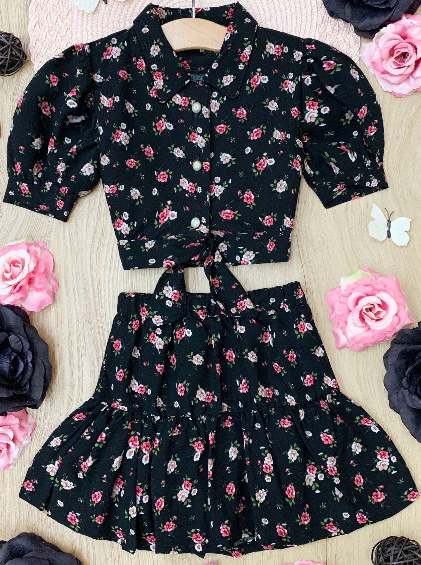 Toddler Spring Outfits | Girls Rosy Knot Hem Top & Ruffle Skirt Set 